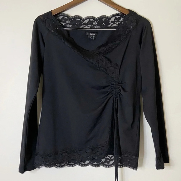 Lace Stretch Cinch Top Ruche String Long Sleeve Sleek Blouse Size Large - Picture 1 of 14